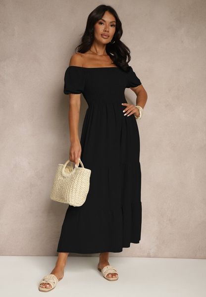 Czarna Sukienka Hiszpanka z Marszczoną Górą Lumirielle. Czarne sukienki Renee, na co dzień, bez wzorów, eleganckie, bez kołnierzyka, bez ramiączek, maxi, proste. Za 69.99 zł.