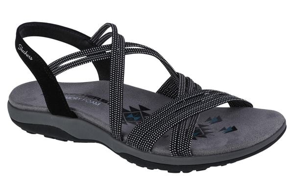Sandały damskie, Reggae Slim - Turn It Up. Czarne sandały Skechers, bez wzorów, z materiału, sportowe, bez obcasa, bez zapięcia. Za 249.99 zł.