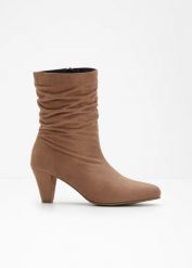 Botki z marszczeniem. Brązowe botki bonprix, bez wzorów, bez obcasa, bez zapięcia. Za 149.99 zł.