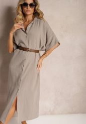 Ciemnobeżowa Muślinowa Sukienka z Bawełny o Pudełkowym Kroju Vimaristta. Brązowe sukienki Renee, bez wzorów, z bawełny, eleganckie, bez kołnierzyka, bez ramiączek, maxi. Za 129.99 zł.