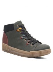 Rieker Botki N0711-54 Zielony. Zielone botki Rieker, bez wzorów, z syntetyku, bez obcasa, na płaskiej podeszwie, bez zapięcia. Za 219.99 zł.
