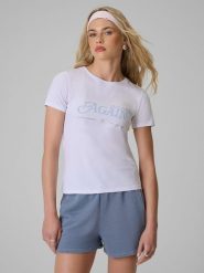 4F T-shirt slim z nadrukiem damski - biały XXL. Białe t-shirty 4f, xxl, bez wzorów, z dzianiny, bez kołnierzyka, bez ramiączek. Za 59.99 zł.