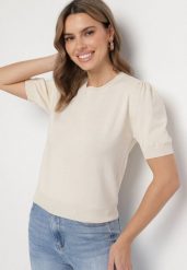 Beżowa Bluzka Sweterkowa z Lekko Bufiastymi Rękawami z Wiskozą Adeva. Brązowe bluzki Born2be, m, bez wzorów, z jeansu, eleganckie, bez kołnierzyka, bez ramiączek. W wyprzedaży za 59.49 zł.
