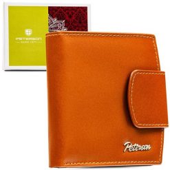 Mały, skórzany portfel damski w jasnobrązowym kolorze z systemem RFID PTN RD-314-NGV-M Peterson. Brązowe portfele Peterson, bez wzorów, ze skóry. Za 79.99 zł.