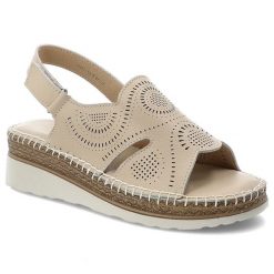 Sandały damskie S.Barski, cholewka ze skóry naturalnej licowej z perforacją pasek wokół pięty z zapięciem na rzep, beżowe, GR61-5916. Brązowe sandały S.BARSKI, w ażurowe wzory, ze skóry, bez obcasa, na koturnie, bez zapięcia. Za 189.00 zł.