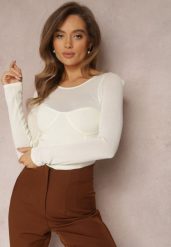Jasnobeżowa Bluzka Gorset z Siateczką na Dekolcie i Rękawach Vime. Brązowe bluzki Renee, m, bez wzorów, z jeansu, eleganckie, bez kołnierzyka, bez ramiączek. W wyprzedaży za 45.49 zł.