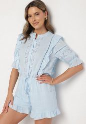 Jasnoniebieski Kombinezon z Lnu i Wiskozy w Stylu Boho z Falbankami i Koronką Linalisse. Niebieskie sukienki Born2be, na co dzień, m, bez wzorów, z koronki, boho, bez kołnierzyka, bez ramiączek. Za 159.99 zł.