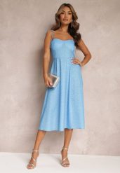 Niebieska Rozkloszowana Sukienka Midi w Kropki na Ramiączkach Mabella. Niebieskie sukienki Renee, l, bez wzorów, bez kołnierzyka, bez ramiączek, midi, rozkloszowane. Za 59.99 zł.