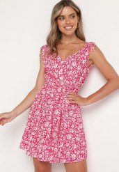 Fuksjowa Bawełniana Sukienka na Ramiączkach ze Ściągaczami i Guzikami z Gumką w Talii Tesria. Czerwone sukienki Born2be, na spacer, na lato, l, bez wzorów, z bawełny, eleganckie, bez kołnierzyka, bez ramiączek. Za 39.99 zł.