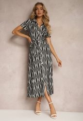 Czarna Koszulowa Sukienka z Materiałowym Paskiem i Guzikami z Geometrycznym Printem Usklea. Czarne sukienki Renee, na lato, l, bez wzorów, z dzianiny, bez kołnierzyka, bez ramiączek, maxi, koszulowe. Za 129.99 zł.