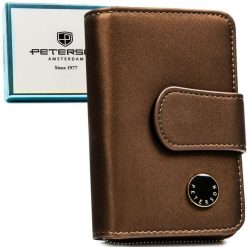 Portfel damski ze skóry naturalnej i ekologicznej w brązowym kolorze, wyposażony w system RFID - Peterson. Brązowe portfele Peterson, bez wzorów, ze skóry. Za 115.99 zł.