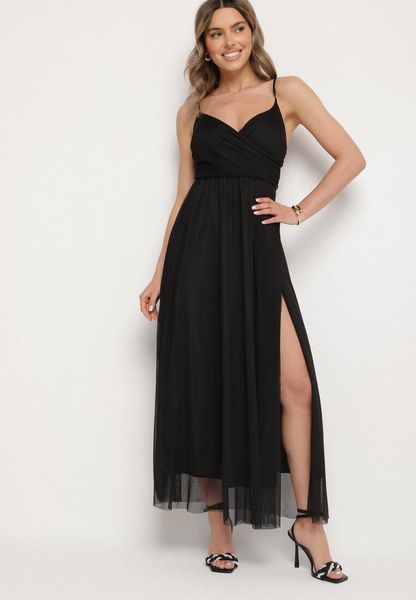 Czarna Sukienka Koktajlowa z Tiulową Siateczką Devinae. Czarne sukienki Born2be, na co dzień, na lato, l, bez wzorów, z jeansu, eleganckie, bez kołnierzyka, bez ramiączek, kopertowe. Za 99.99 zł.