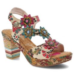 Sandały damskie Laura Vita, ze skóry naturalnej ozdobne aplikacje kwiatowe na paskach i profilowana wkładka, beżowe, Nellao 33 AS311-33. Brązowe sandały Laura Vita, z aplikacjami, ze skóry, bez obcasa, na obcasie, bez zapięcia. Za 349.00 zł.