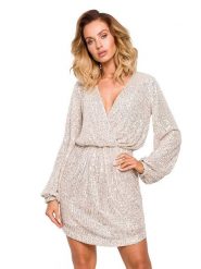 Made of emotion Sukienka w kolorze beżowo-złotym rozmiar: M. Brązowe sukienki Made Of Emotion, na co dzień, m, bez wzorów, z asymetrycznym kołnierzem, bez ramiączek, mini, asymetryczne. Za 354.95 zł.