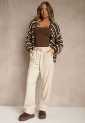 Jasnobeżowe Spodnie High Waist z Gumką i Troczkami w Pasie Rallena. Brązowe spodnie materiałowe Renee, na co dzień, l, bez wzorów, z jeansu, z podwyższonym stanem. Za 89.99 zł.