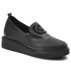 Czarne Półbuty Ravini Wygodne Skórzane Buty Damskie. Czarne czółenka Ravini, z aplikacjami, ze skóry, bez obcasa, na koturnie, bez zapięcia. Za 305.99 zł.