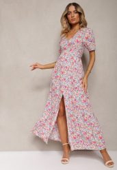 Różowa Wiskozowa Sukienka Wykończona Marszczeniem Rozcięciem na Nogę i Gumką w Pasie Missalene. Czerwone sukienki Renee, na lato, l, bez wzorów, z wiskozy, eleganckie, bez kołnierzyka, bez ramiączek, maxi. Za 99.99 zł.