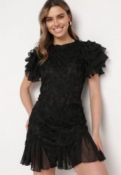 Czarna Sukienka Mini z Koronkowymi Wstawkami i Falbankami Soffiana. Czarne sukienki Born2be, na imprezę, l, bez wzorów, z koronki, eleganckie, bez kołnierzyka, bez ramiączek, mini. Za 159.99 zł.