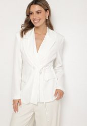 Biała Marynarka z Ozdobnym Wiązaniem Lenirin. Białe marynarki i żakiety Born2be, l, bez wzorów, z jeansu, eleganckie. Za 109.99 zł.