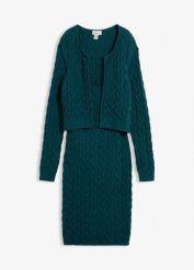 Sukienka dzianinowa z modnym bolero - optyka 2 w 1. Niebieskie sukienki bonprix, bez wzorów, z dzianiny, bez kołnierzyka, bez ramiączek. Za 129.99 zł.