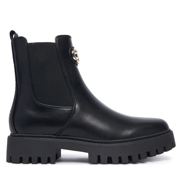 Sztyblety Guess. Czarne botki Guess, z aplikacjami, bez obcasa, na płaskiej podeszwie, bez zapięcia. Za 674.99 zł.