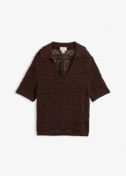 Sweter ażurowy z kołnierzykiem polo, z domieszką bawełny. Brązowe swetry bonprix, w ażurowe wzory, z bawełny, bez ramiączek. Za 54.99 zł.