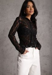 Czarna Koszula z Kwiatowej Koronki Nevieras. Czarne koszule Renee, m, bez wzorów, z jeansu, eleganckie, bez kołnierzyka, bez ramiączek. Za 129.99 zł.