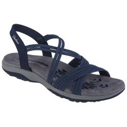 Sandały damskie, Skechers Reggae Slim - Turn It Up. Niebieskie sandały Skechers, bez wzorów, bez obcasa, bez zapięcia. Za 249.99 zł.