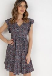 Granatowa Sukienka Diomanassa. Niebieskie sukienki Born2be, do pracy, na lato, m, bez wzorów, z jeansu, biznesowe, bez kołnierzyka, bez ramiączek. Za 69.99 zł.