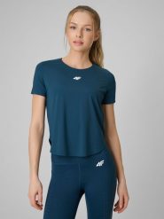 4F Koszulka treningowa regular szybkoschnąca damska - turkusowa L. Niebieskie koszulki sportowe 4f, bez wzorów, ze skóry, bez ramiączek, na fitness i siłownię. Za 129.99 zł.