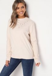 Jasnobeżowy Sweter z Bawełną i Ozdobnym Haftowaniem oraz Guzikami Merissan. Brązowe swetry Born2be, na zimę, bez wzorów, z bawełny, bez ramiączek. Za 64.99 zł.