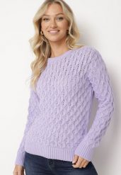 Fioletowy Sweter z Ozdobnym Tłoczeniem Attenja. Fioletowe swetry Born2be, m, bez wzorów, z jeansu, bez ramiączek. Za 109.99 zł.