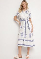 Biała Wiskozowa Sukienka Koszulowa z Haftowanym Wzorem i Paskiem Divalis. Białe sukienki Born2be, na co dzień, l, bez wzorów, z wiskozy, eleganckie, bez kołnierzyka, bez ramiączek, midi, koszulowe. Za 139.99 zł.