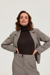 Jednorzędowa marynarka w kratkę beżowa. Brązowe marynarki i żakiety MOODO, l, bez wzorów, z elastanu. Za 199.99 zł.