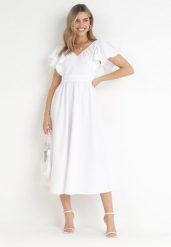 Biała Sukienka Midi z Falbanami przy Ramionach Happisa. Białe sukienki Born2be, na imprezę, l, bez wzorów, eleganckie, bez kołnierzyka, bez ramiączek, maxi. Za 84.99 zł.