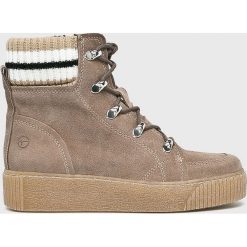 Tamaris - Botki. Brązowe botki Tamaris, bez wzorów, z materiału, bez obcasa, na obcasie, bez zapięcia. W wyprzedaży za 219.90 zł.