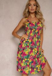 Żółto-Różowa Sukienka z Wiskozy na Ramiączkach z Gumką w Pasie i Guzikami Pevlea. Żółte sukienki Renee, na lato, s, bez wzorów, z wiskozy, eleganckie, bez kołnierzyka, bez ramiączek, midi. Za 39.99 zł.
