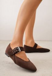 Ciemnobrązowe Balerinki Vices ze Skórzaną Wkładką i Szerokim Paskiem ze Sprzączką Rilucea. Brązowe baleriny Born2be, bez wzorów, z jeansu, bez obcasa, na płaskiej podeszwie. Za 79.99 zł.