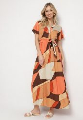 Jasnobrązowa Sukienka Rozkloszowana z Wiskozy w Geometryczny Wzór z Paskiem Ranislla. Brązowe sukienki Born2be, na co dzień, l, bez wzorów, z wiskozy, eleganckie, bez kołnierzyka, bez ramiączek, maxi, rozkloszowane. Za 79.99 zł.