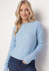 Jasnoniebieski Sweter o Warkoczowym Splocie z Okrągłym Dekoltem Selinera. Niebieskie swetry Born2be, bez wzorów, z dzianiny, bez ramiączek. Za 79.99 zł.