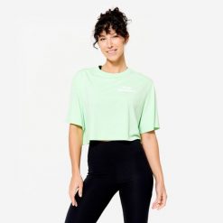Koszulka z krótkim rękawem damska Domyos Gym & Pilates crop top. Białe bluzki DOMYOS, m, bez wzorów, z bawełny, sportowe, bez kołnierzyka, bez ramiączek. Za 49.99 zł.