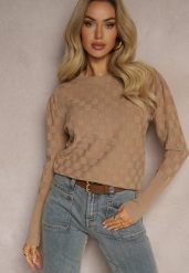 Ciemnobeżowy Sweter z Modalem i Wiskozą Ozdobiony Tłoczeniem Liliti. Brązowe swetry Renee, m, z aplikacjami, z jeansu, bez ramiączek. Za 69.99 zł.