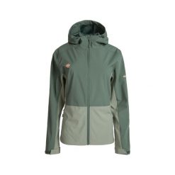 Kurtka damska typu soft shell LANETTE W, wodoodporna, wiatroszczelna i termiczna. Zielone kurtki sportowe Izas, bez wzorów, z softshellu, bez kaptura, trekkingowe. Za 443.43 zł.