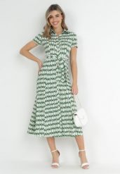 Zielona Koszulowa Sukienka Maxi z Materiałowym Paskiem Rainora. Zielone sukienki Born2be, na co dzień, l, bez wzorów, z materiału, eleganckie, bez kołnierzyka, bez ramiączek, maxi, kopertowe. Za 179.99 zł.