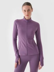 4F Bluza treningowa slim szybkoschnąca damska - fioletowa S. Fioletowe bluzy 4f, s, bez wzorów, z dzianiny, bez kaptura. Za 99.99 zł.