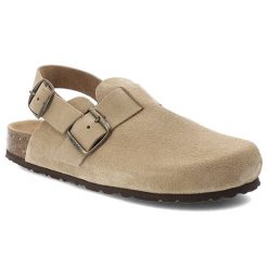 Sandały damskie Yokono, cholewka ze skóry naturalnej zamszowej z zabudowanym przodem paskiem z regulacją na metalową klamrę, beżowe, Zueco-600 Ser Mu. Brązowe sandały Yokono, bez wzorów, ze skóry, bez obcasa, bez zapięcia. Za 269.00 zł.