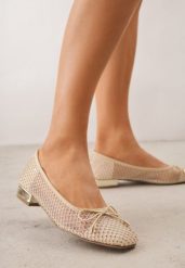 Beżowe Siateczkowe Balerinki ze Skórzaną Wkładką Cyrkoniami i Kokardą Ravalana. Brązowe baleriny Born2be, z aplikacjami, z jeansu, bez obcasa. Za 69.99 zł.