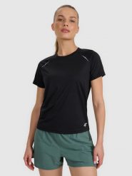 4F Koszulka do biegania w terenie szybkoschnąca damska - czarna L. Czarne koszulki sportowe 4f, bez wzorów, z materiału, bez ramiączek, do biegania. Za 129.99 zł.