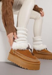 Brązowe Śniegowce na Grubej Podeszwie z Ozdobnymi Przeszyciami i Futerkiem Lindera. Brązowe trapery i śniegowce Born2be, z jeansu. Za 109.99 zł.