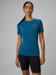 4F Koszulka trekkingowa regular szybkoschnąca damska - turkusowa XS. Niebieskie bluzki 4f, l, bez wzorów, z tkaniny, biznesowe, bez kołnierzyka, bez ramiączek. Za 119.99 zł.